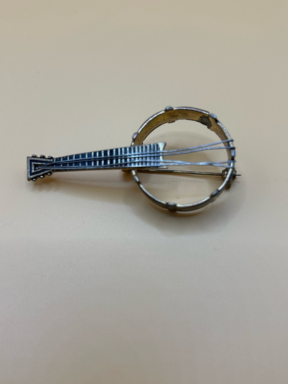 Damascene Vintage Banjo Brooch with Gold Accents